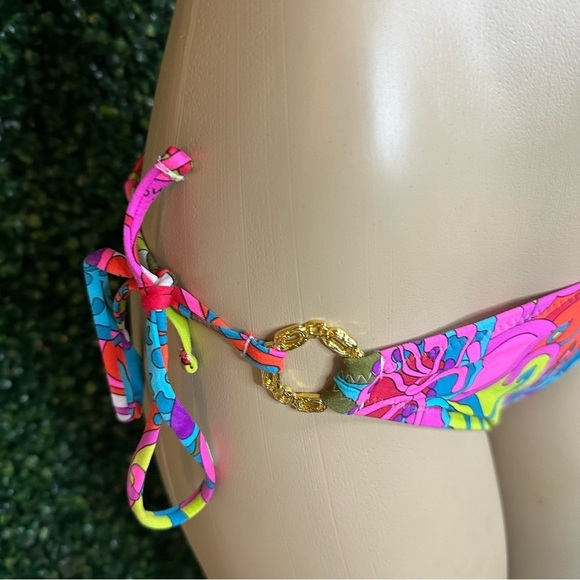 TRINA TURK Bright Floral Triangle Halter Gold Ring Bikini Top and Bottom Size 8 - Picture 9 of 16
